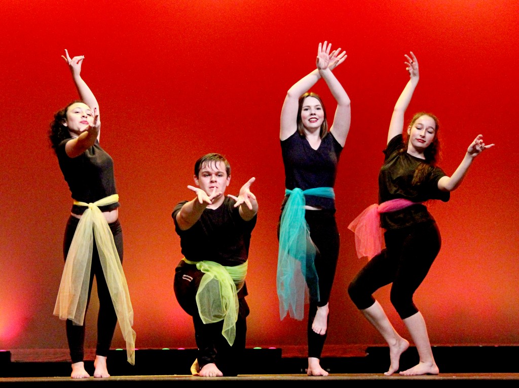 From left to right, Christine Liggett, Max Oliver, Ashley Mansour, and Jolie Rafealson, juniors, perform a bollywood dance to "Dola Re Dola."