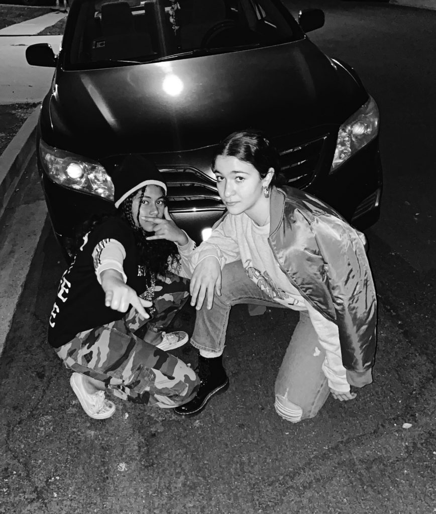 Iconic – Pranati Denduluri, left, and Aminah Ghanem, right, pose in their Halloween costumes in front of the car belonging to their friend Esha Gupta, senior. “One day I will go to (Travis Scott’s) concert too. Maybe I will be actually in the front but I probably won’t be,” Denduluri said. Despite Denduluri’s dream of being in the front row, she fears the “six foot built bodybuilders up there” that might block her view. Photo by Pranati Denduluri/With permission